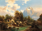 ₴ Репродукция пейзаж от 235 грн.: Мельница у горной реки, на заднем плане массив Дахштайн