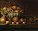₴ Репродукция натюрморт от 259 грн.: Фрукты в миске из белого фаянса с другими фруктами на выступе