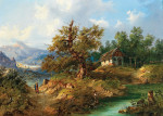 ₴ Репродукция пейзаж от 229 грн.: Горный пейзаж с рыболовом у горного ручья