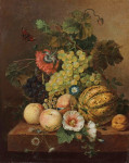 ₴ Репродукция натюрморт от 242 грн.: Виноград, персики, дыня и абрикос на мраморном выступе