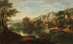 ₴ Репродукція краєвид від 199 грн.: Гірський річковий ландшафт із рибальськими човнами та рибалками, римські руїни позаду