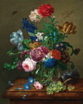 ₴ Репродукція натюрморт від 242 грн.: Квіти у скляній вазі з виноградом на кам'яному постаменті