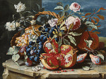 ₴ Репродукция натюрморт от 235 грн.: Натюрморт с гранатом и виноградом, с розами и другими фруктами в корзине, все на каменном выступе