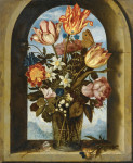 ₴ Репродукція натюрморт від 312 грн.: Натюрморт із тюльпанами, трояндами, конваліями та іншими квітами в скляному стакані в арочному кам’яному віконному отворі