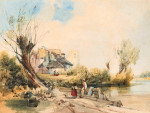 ₴ Репродукция пейзаж от 317 грн.: Двое детей у озера со зданиями и руинами