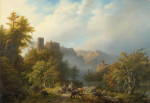 ₴ Репродукция пейзаж от 337 грн.: Горный речной пейзаж на рассвете, с руинами замка и путниками