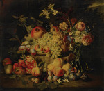 ₴ Репродукція натюрморт від 399 грн.: Натюрморт з квітів і фруктів, зокрема гранатів, персиків і винограду