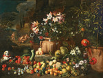 ₴ Репродукція натюрморт від 355 грн.: Натюрморт з квітів з фруктами, путті та тваринами