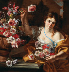 ₴ Репродукция натюрморт от 261 грн.: Молодая женщина ставит цветы из корзинки в урну