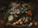 ₴ Репродукція натюрморт від 346 грн.: Натюрморт із фруктів і квітів у срібній вазі з ніжками, на яку дивиться спанієль