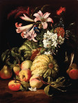 ₴ Репродукция натюрморт от 288 грн.: Лилии и другие цветы в стеклянной вазе с персиками и дынями