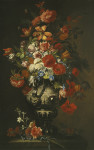 ₴ Репродукция натюрморт от 325 грн.: Розы и тюльпаны в богато украшенной серебряной вазе на каменном выступе