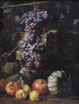 ₴ Репродукція натюрморт від 288 грн.: Натюрморт з гроною винограду на гілці, гранат, персики, дині та саламандра у краєвиді