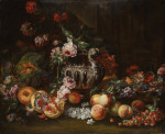 ₴ Репродукция натюрморт от 381 грн.: Натюрморт с цветами в серебряной вазе, в окружении различных фруктов, все в архитектурном окружении