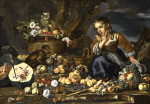 ₴ Репродукция натюрморт от 328 грн.: Арбуз, яблоки, фиги, гранат, цветы и персики с молодой девушкой напуганная обезьянкой