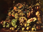 ₴ Репродукция натюрморт от 355 грн.: Натюрморт с арбузами, виноградом, яблоками, гранатом и другими фруктами с двумя детьми