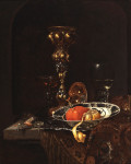 ₴ Репродукция натюрморт от 356 грн.: Драгоценные сосуды, ремер и фарфоровая тарелка с апельсином и очищенным лимоном на столе