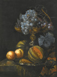 ₴ Репродукція натюрморт від 288 грн.: Виноград у вазі, надрізана диня на срібному блюді та персики, все на кам'яному виступі