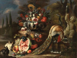 ₴ Репродукція натюрморт від 355 грн.: Натюрморт із квітів у вазі на кам'яному постаменті з фруктами, кроликами та павичем у парку