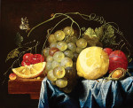 ₴ Репродукція натюрморт від 381 грн.: Натюрморт із лимонами, виноградом, грушами та вишнями, а також лісовим горіхом, на столі задрапірованою синьою тканиною