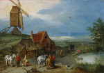 ₴ Репродукция пейзаж от 328 грн.: Пейзаж с ветряной мельницей, различными фигурами, лошадьми и животными возле усадьбы