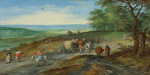 ₴ Репродукция пейзаж от 257 грн.: Панорамный пейзаж с крытым вагоном и путешественниками на дороге