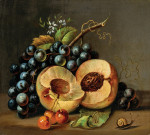 ₴ Репродукція натюрморт від 417 грн.: Натюрморт із розрізаними навпіл персиками, чорним виноградом і вишнями