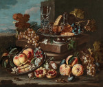 ₴ Репродукция натюрморт от 425 грн.: Персики, инжир и сливы на серебряном блюде рядом с конфетами, виноградом и вином