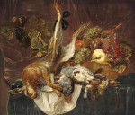 ₴ Репродукция натюрморт от 425 грн.: Заяц, куропатки и певческие птицы на драпированном столе с виноградом, айвой и персиком в плетеной корзине