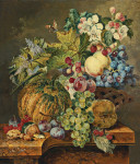 ₴ Репродукция натюрморт от 365 грн.: Клубника, виноград, сливы и персики в корзине окруженной цветами и другие фрукты и овощи, все на мраморном уступе