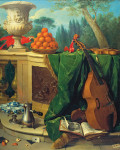 ₴ Репродукція натюрморт від 388 грн.: Натюрморт з ара, барельєфом, музичними інструментами та шоколадним горщиком