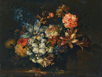 ₴ Репродукция натюрморт от 396 грн.: Лилии, жимолость и другие цветы в вазе на выступе