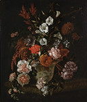 ₴ Репродукція натюрморт від 354 грн.: Троянди, вьюнки, гвоздики та інші квіти у вазі на кам'яному виступі