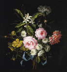 ₴ Репродукція натюрморт від 427 грн.: Букет із ромашок, французьких троянд, жовтих троянд, апельсиновий цвіт та гвоздики, пов'язані блакитною стрічкою