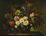 ₴ Репродукция натюрморт от 415 грн.: Георгины, тюльпаны, жимолость и другие цветы в корзине на столе