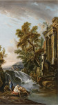 ₴ Репродукция пейзаж от 207 грн.: Купальщики на скалах под водопадом и древнеримские руины