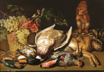 ₴ Репродукция натюрморт от 381 грн.: Корзина красного и зеленого винограда, щегол, дичь и белка на деревянном столе