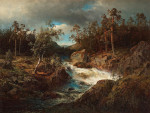 ₴ Репродукция пейзаж от 412 грн.: Пороги в окружении леса с голубыми горами на фоне