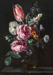 ₴ Репродукція натюрморт від 356 грн.: Букет нарцисів, тюльпанів, троянд та інших квітів у скляній вазі на кам'яному постаменті