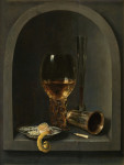 ₴ Репродукція натюрморт від 430 грн.: Натюрморт з ремером, венеціанський келих, срібна чаша поруч із чищенним лимоном на синьо-білій форфоровій тарілці
