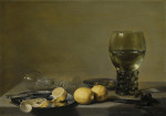 ₴ Репродукция натюрморт от 381 грн.: Натюрморт с лимонами и оливками, оловянными тарелками, ремером и венецианским бокалом для вина на выступе