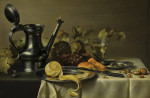 ₴ Репродукция натюрморт от 360 грн.: Натюрморт с кувшином, очищенным лимоном на оловянной тарелке, хлебом, ножом, оливками на оловянной тарелке, виноградом, стаканом и орехами  на столе, частично задрапированном белой скатертью