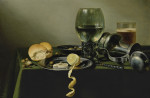 ₴ Репродукция натюрморт от 360 грн.: Ремер, опрокинутый оловянный кувшин, оливки, полуочищенный лимон на оловянных тарелках
