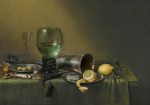 ₴ Репродукция натюрморт от 381 грн.: Ремер, венецианский бокал, серебрянный стакан и сербрянная и оловянная тарелки с ножомв ножнах, лимоны, оливки, орехи и бскрутка табака все на столе
