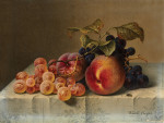 ₴ Репродукция натюрморт от 412 грн.: Натюрморт с персиками и виноградом на белой скатерти