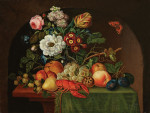 ₴ Репродукція натюрморт від 412 грн.: Натюрморт з омаром, метеликом, фруктами та квітами у скляній вазі