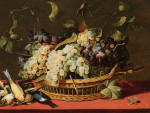 ₴ Репродукція натюрморт від 401 грн.: Натюрморт із чорним та білим виноградом у кошику з корольфішером та іншими мертвими птахами на виступі