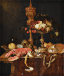 ₴ Репродукція натюрморт від 389 грн.: Натюрморт з омаром, золоченою чашкою, тазою, черепашкою, чашею Ван-Лі та годинником, разом з лимоном, виноградом, персиками та вишнею