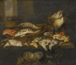 ₴ Репродукція натюрморт від 463 грн.: Натюрморт із лососем, камбалою, крабом та іншою рибою, розташованими на столі, вид на море за межами