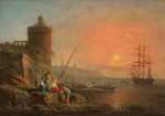 ⚓Репродукція морський краєвид від 251 грн.: Прибережний краєвид на заході сонця з рибалками на березі